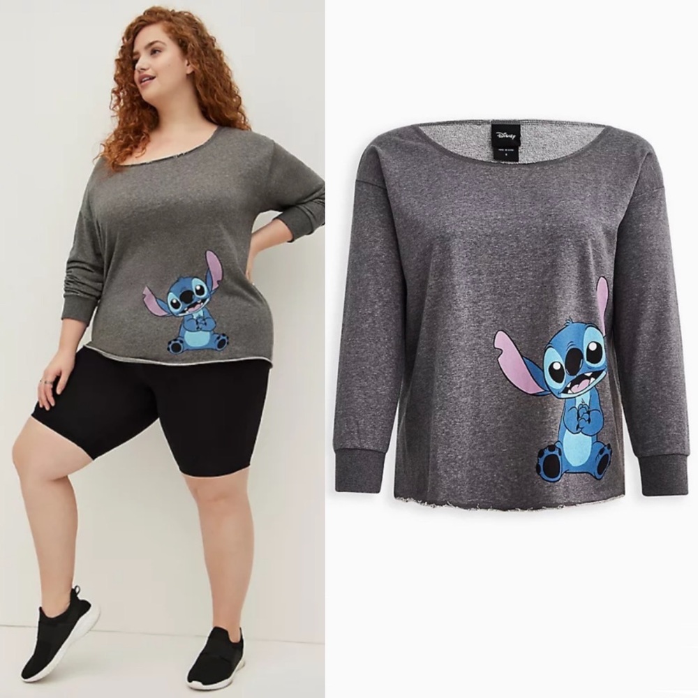 TORRID DISNEY LILO & STITCH OFF SHOULDER SWEATSHIRT - COTTON-BLEND GREY